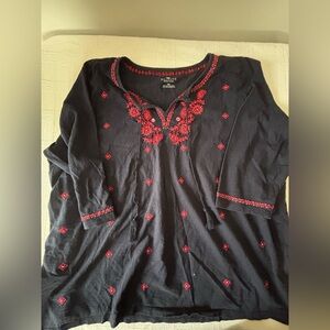 Women's Navy and Red Embroidered Top